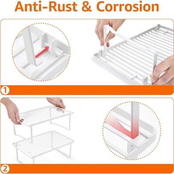 Set of 2 White Stackable Metal Kitchen Cabinet Pantry Storage Organizer Racks - Picture 6 of 8